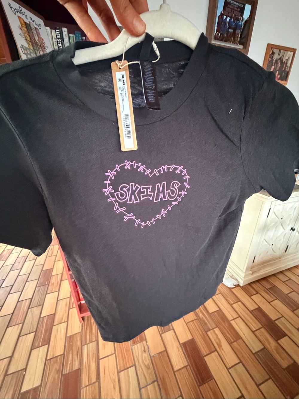 SKIMS Black Short-Sleeve Tee with Pink Heart Logo